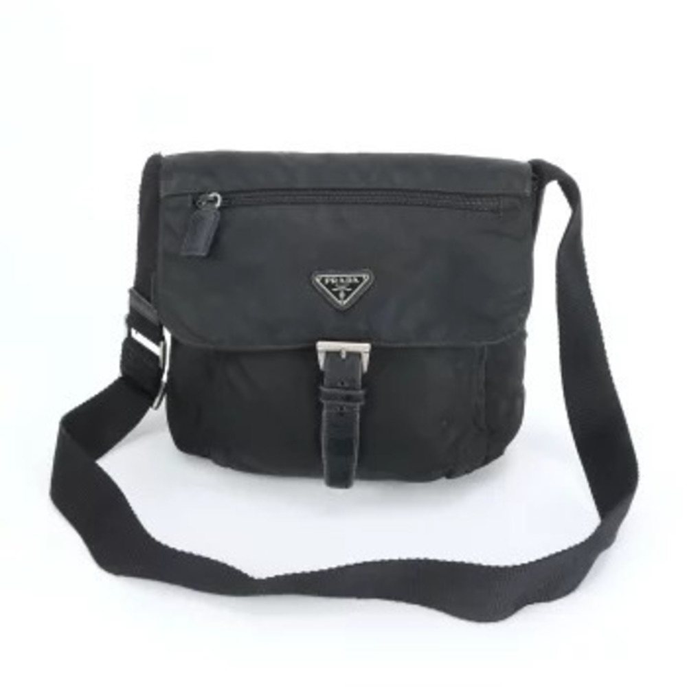 Prada Tessuto Triangle Leather Messenger Crossbody Bag Black